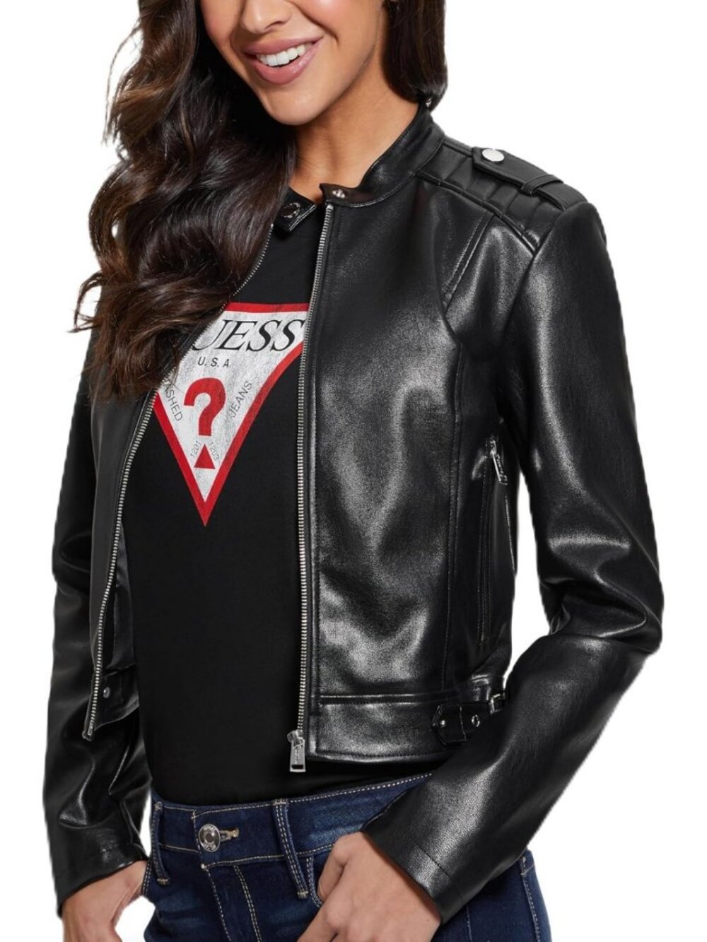 Chic Women's Faux Leather Fitted Jacket - Stylish, Trendy Outerwear for All